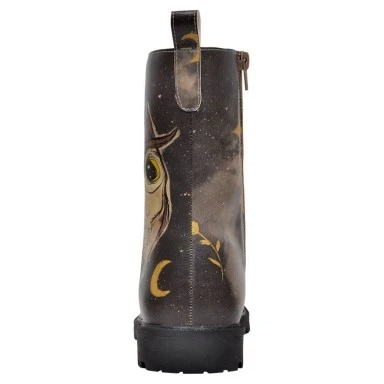 Femme Cuir Vegan Noir Bottes Longues à Glissière - Owls Family Motif - 