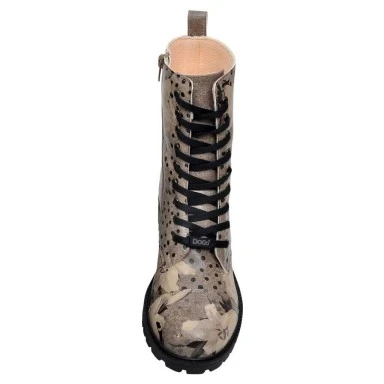 Femme Cuir Vegan Gris Bottes Longues à Glissière - Black Dress Motif - 