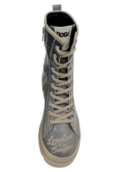 Femme Cuir Vegan Gris Bottes longues à glissière - London is Calling Motif - 