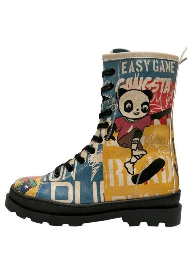 Femme Cuir Vegan Multicolore Bottes longues à glissière - Skaters Motif - 