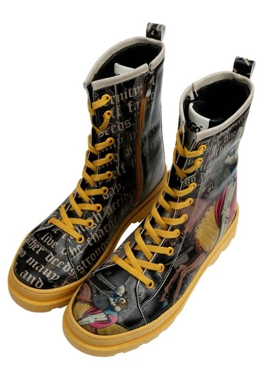 Femme Cuir Vegan Noir Bottes longues à glissière - Joan of Arc Motif - 