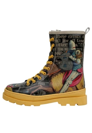 Femme Cuir Vegan Noir Bottes longues à glissière - Joan of Arc Motif - 