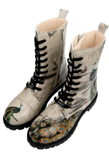 Femme Cuir Vegan Beige Bottes Longues à Glissière - Gracious Feathers Motif - 