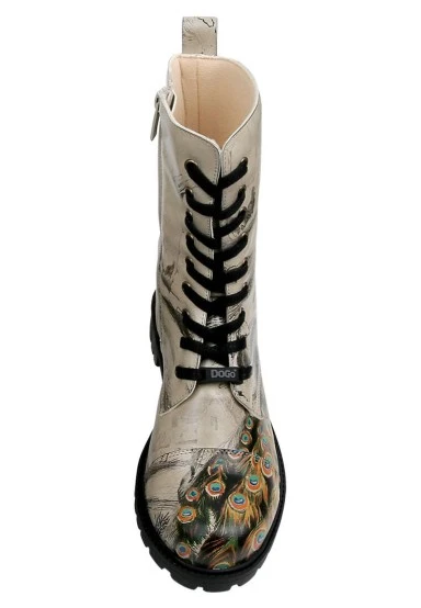 Femme Cuir Vegan Beige Bottes Longues à Glissière - Gracious Feathers Motif - 