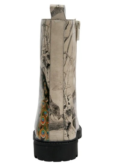 Femme Cuir Vegan Beige Bottes Longues à Glissière - Gracious Feathers Motif - 