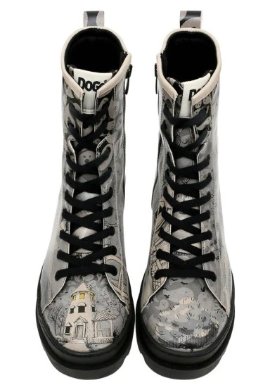 Femme Cuir Vegan Gris Bottes longues à glissière - Spooky Town Motif - 