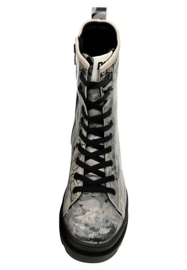Femme Cuir Vegan Gris Bottes longues à glissière - Spooky Town Motif - 