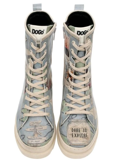 Femme Cuir Vegan Bleu Bottes longues à glissière - Dare to Explore Motif - 