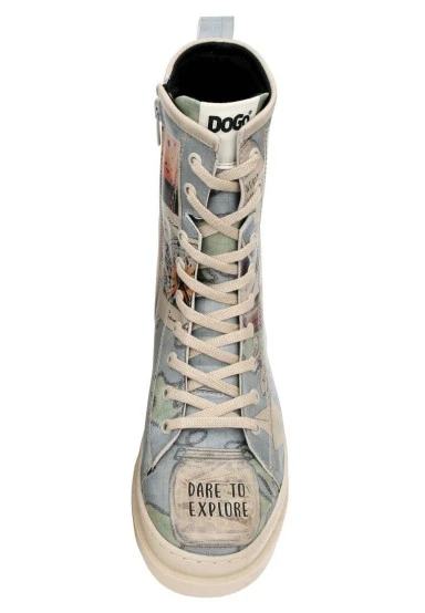 Femme Cuir Vegan Bleu Bottes longues à glissière - Dare to Explore Motif - 