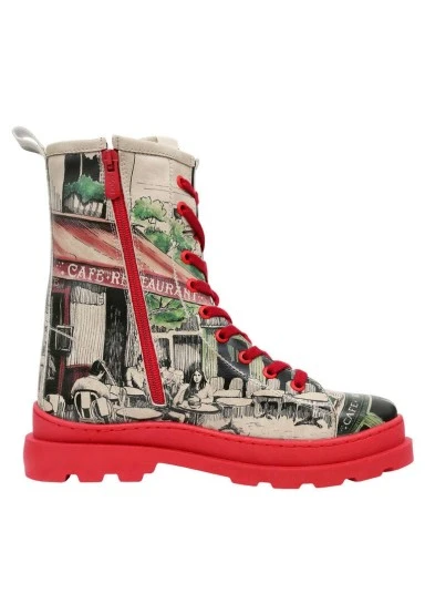 Femme Cuir Vegan Rouge Bottes longues à glissière - La Vie Parisienne Motif - 