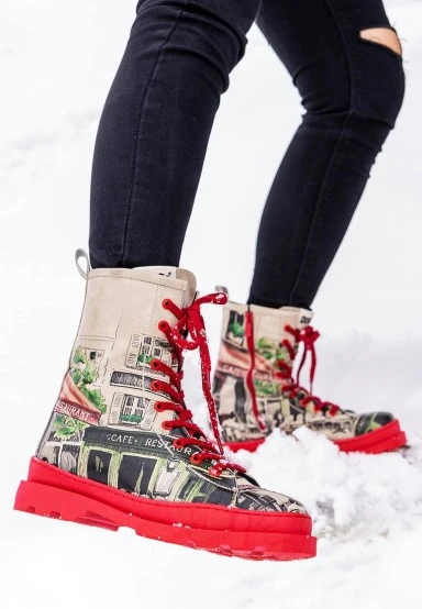 Femme Cuir Vegan Rouge Bottes longues à glissière - La Vie Parisienne Motif - 
