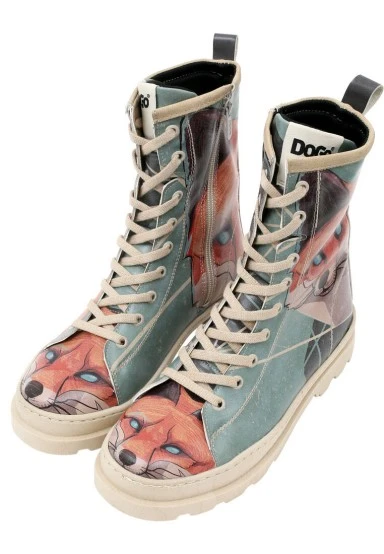Femme Cuir Vegan Multicolore Bottes longues à glissière - Red Fox Motif - 