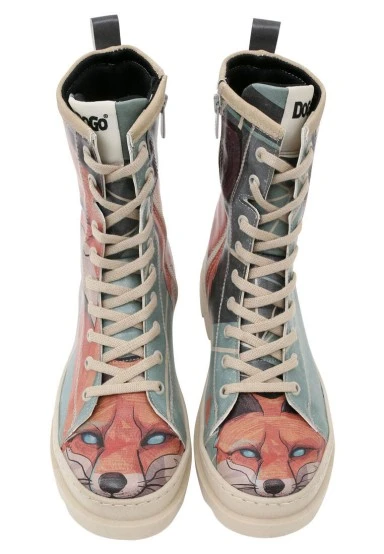 Femme Cuir Vegan Multicolore Bottes longues à glissière - Red Fox Motif - 