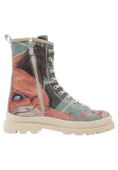 Femme Cuir Vegan Multicolore Bottes longues à glissière - Red Fox Motif - 
