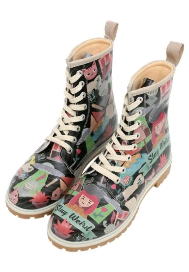 Femme Cuir Vegan Multicolore Bottes Longues - Stay Weird Motif - 