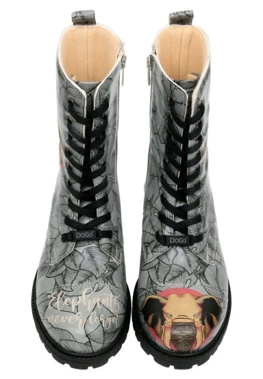 Femme Cuir Vegan Gris Bottes Longues à Glissière - Elephants Never Forget Motif - 