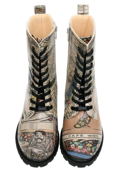 Femme Cuir Vegan Beige Bottes Longues à Glissière - Cafe Wien Motif - 