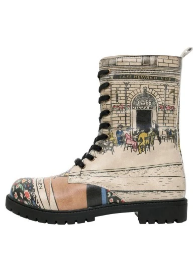 Femme Cuir Vegan Beige Bottes Longues à Glissière - Cafe Wien Motif - 