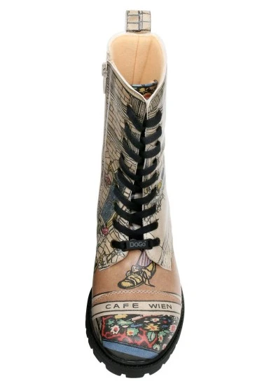 Femme Cuir Vegan Beige Bottes Longues à Glissière - Cafe Wien Motif - 
