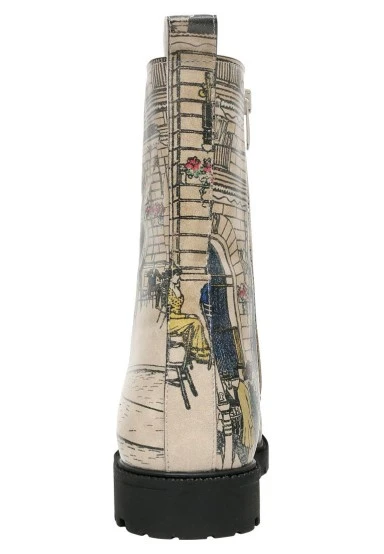 Femme Cuir Vegan Beige Bottes Longues à Glissière - Cafe Wien Motif - 