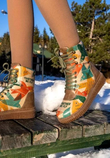 Femme Cuir Vegan Multicolore Bottes Longues - Together We Fly Motif - 