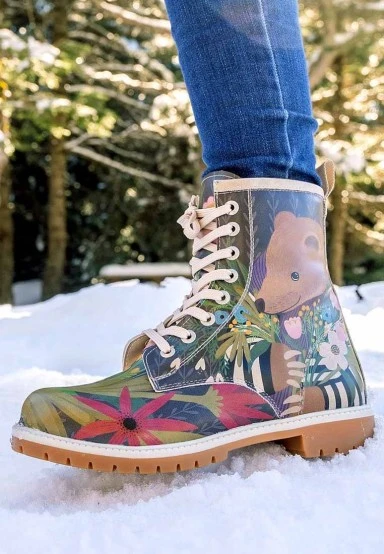 Femme Cuir Vegan Multicolore Bottes Longues - Bear and Flowers Motif - 