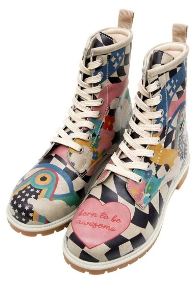 Femme Cuir Vegan Multicolore Bottes Longues - Born to be Awesome Motif - 