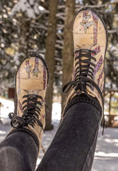 Femme Cuir Vegan Beige Bottes Longues à Glissière - Sky-High Love Motif - 