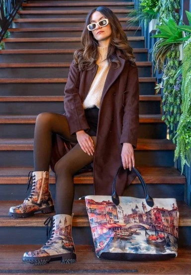 Femme Cuir Vegan Multicolore Bottes Longues - Venice Motif - 