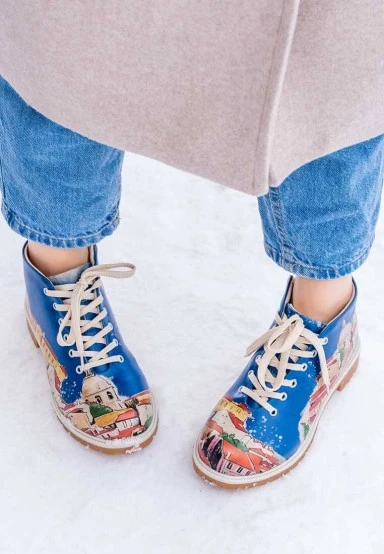 Femme Cuir Vegan Multicolore Bottines - On the Roofs Motif - 