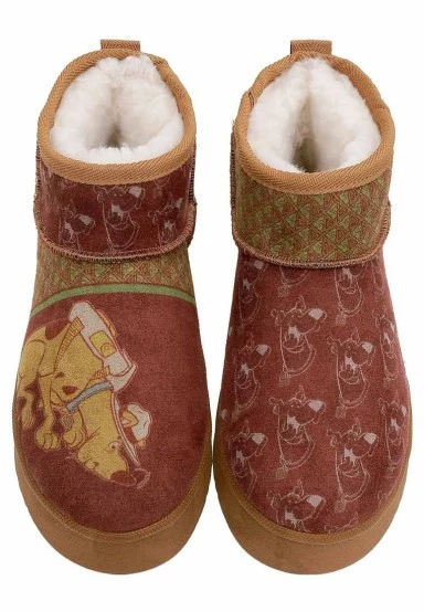 Femme Cuir Vegan Brun Bottines Doublées en Peluche - Camping Scooby Doo Motif - 