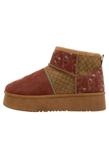 Femme Cuir Vegan Brun Bottines Doublées en Peluche - Camping Scooby Doo Motif - 
