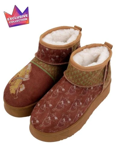 Femme Cuir Vegan Brun Bottines Doublées en Peluche - Camping Scooby Doo Motif - 