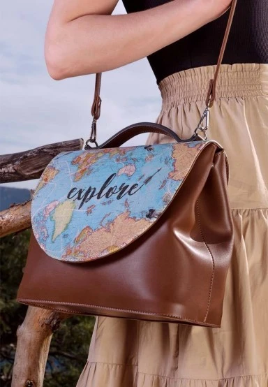 Femme Cuir Vegan Brun Sac à Main - Explore Motif - 