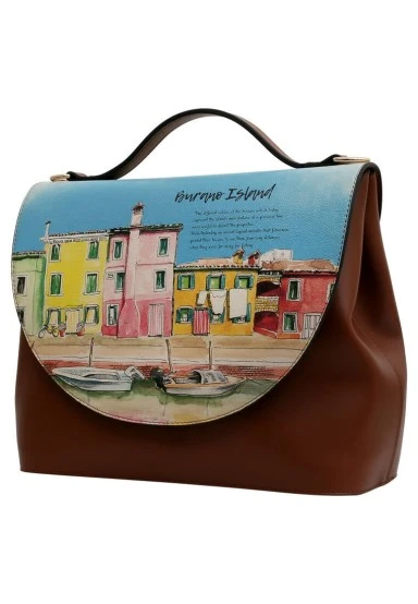 Femme Cuir Vegan Brun Sac à Main - Burano Island Motif - 