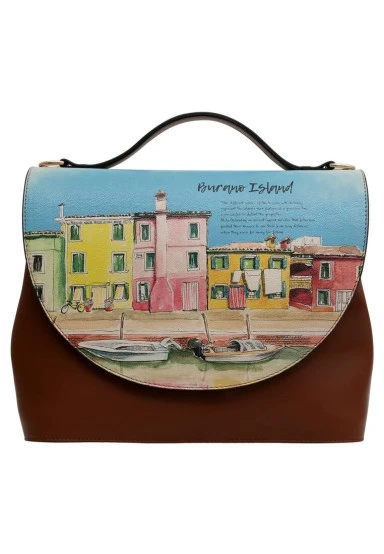 Femme Cuir Vegan Brun Sac à Main - Burano Island Motif - 