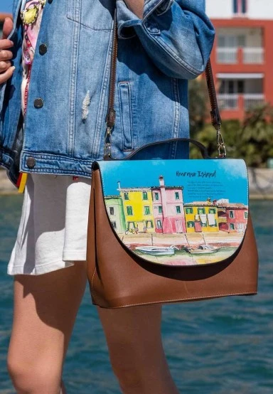 Femme Cuir Vegan Brun Sac à Main - Burano Island Motif - 