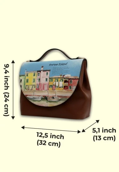 Femme Cuir Vegan Brun Sac à Main - Burano Island Motif - 