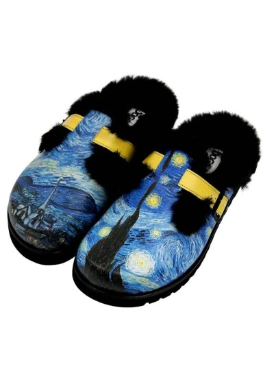 Femme Cuir Vegan Bleu Chaussons Doublées en Peluche - Vincent van Gogh The Starry Night Motif - 