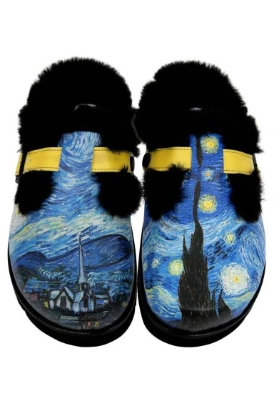 Femme Cuir Vegan Bleu Chaussons Doublées en Peluche - Vincent van Gogh The Starry Night Motif - 