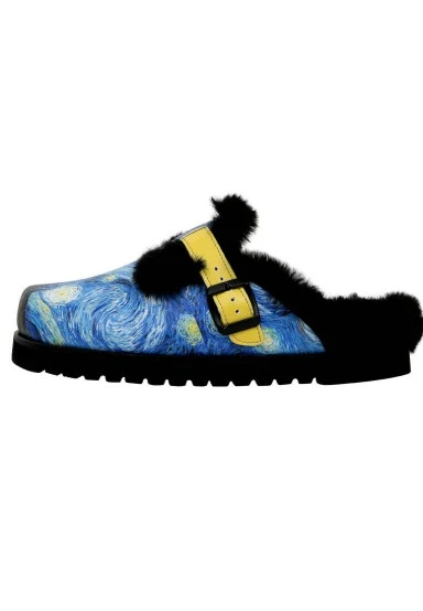 Femme Cuir Vegan Bleu Chaussons Doublées en Peluche - Vincent van Gogh The Starry Night Motif - 
