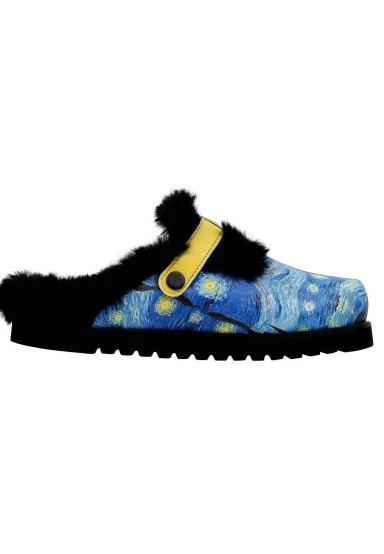 Femme Cuir Vegan Bleu Chaussons Doublées en Peluche - Vincent van Gogh The Starry Night Motif - 