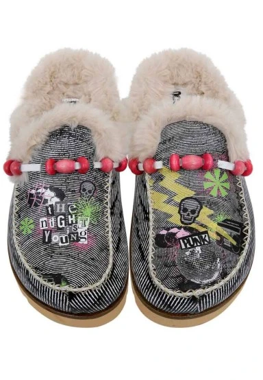 Femme Cuir Vegan Crème Chaussons Doublées en Peluche - The Night is Young Motif - 