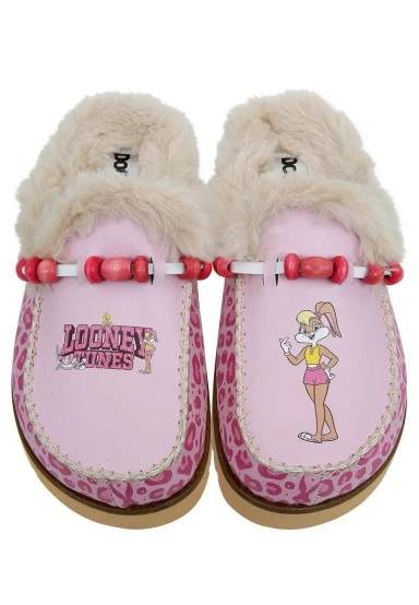 Femme Cuir Vegan Pembe Chaussons Doublées en Peluche - Warner Bros Rose Leopard Lola Bunny Motif - 