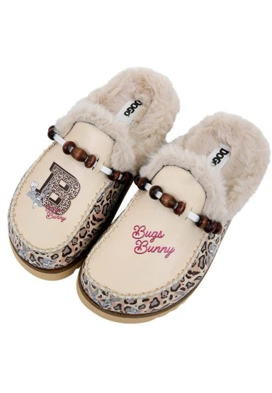 Femme Cuir Vegan Crème Chaussons Doublées en Peluche - Warner Bros Leopard Bugs Bunny Motif - 