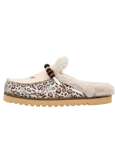 Femme Cuir Vegan Crème Chaussons Doublées en Peluche - Warner Bros Leopard Bugs Bunny Motif - 