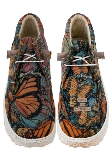 Femme Cuir Vegan Cream Bottes - Moths and Butterflies Motif - 