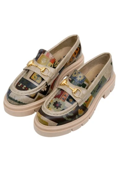 Femme Cuir Vegan Cream Mocassins - Anatolian Patterns Motif - 