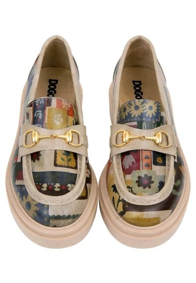 Femme Cuir Vegan Cream Mocassins - Anatolian Patterns Motif - 