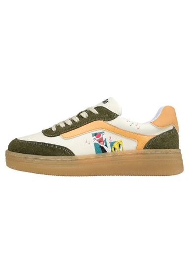 Femme Cuir Vegan Crème Baskets - Warner Bros Looney Tunes Sylvester and Tweety Motif - 